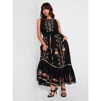 V By Very Curve Embroidered Shirred Waist Sleeveless Midaxi Dress - Black