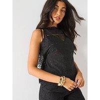 V By Very Palm Tree Broderie Cami Co-Ord - Black