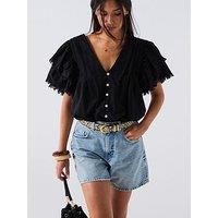 V By Very V Neck Fluted Blouse - Black