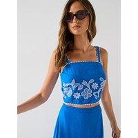 V By Very Strappy Embroidered Crop Top Co-Ord - Blue