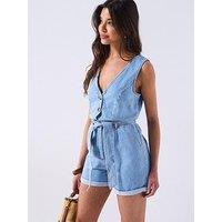 V By Very Button Through Denim Playsuit - Light Wash