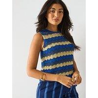V By Very Racer Neck Crochet Short Knitted Top - Multi