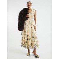 River Island Floral Shirred Midi Dress - Cream