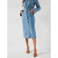 V By Very Button Through Denim Midi Skirt - Light Wash