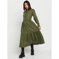 Pixiegirl Petite Long Sleeve Smock Button Midi Dress - Green