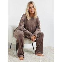 Yours Curve Long Sleeve Fleece Lounge Set - Brown