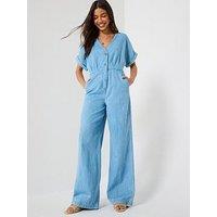 V By Very Soft Denim Jumpsuit - Light Wash