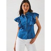 V By Very Denim Ruffle Shirt - Mid Wash