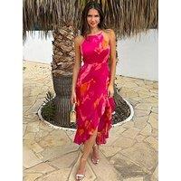 Ax Paris Smudge Print Racer Neck Hem Midi Dress - Pink