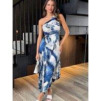 Ax Paris Marble Print One Shoulder Cut Out Pleated Midi Dress - Blue