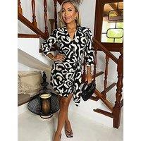 Ax Paris Black And Cream Abstract Print 3/4 Sleeves Waist Side Tie Mini Dress - Multi