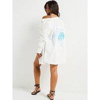 V By Very Embroidered Back Palm Oversized Beach Shirt - White