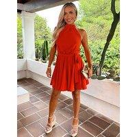 Ax Paris Burnt Orange Halterneck Tie Waist Skater Mini Dress