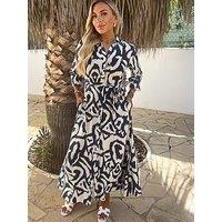 Ax Paris Abstract Print 3/4 Sleeve Tie Waist Shirt Midi Dress - Navy