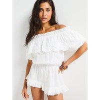 V By Very Beach Bardot Broderie Frill Playsuit - White