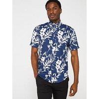 Tommy Hilfiger Regular Fit Linen Tropical Print Short Sleeve Shirt - Dark Blue