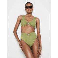 River Island Shell Trim Texture High Waist Bikini Brief - Khaki