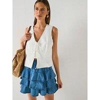 V By Very Ruffle Denim Mini Skirt - Mid Wash