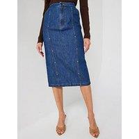 V By Very Stud Detail Panelled Midi Skirt - Dark Wash