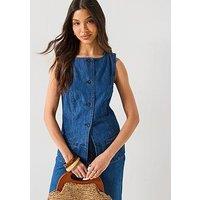 V By Very Denim Button Through Top - Dark Wash