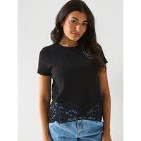 V By Very Rib Lace Hem T-Shirt - Black