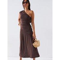 V By Very One Shoulder Ruched Dress - Brown