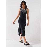 V By Very Embroidered Yoke Maxi Dress - Black