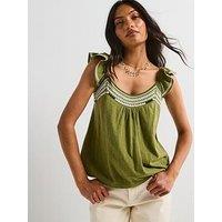 V By Very Frill Sleeve Embroidered Top - Green
