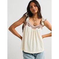 V By Very Frill Sleeve Embroidered Top - Cream