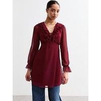 New Look Ruffle Chiffon Long Sleeve Mini Dress - Red