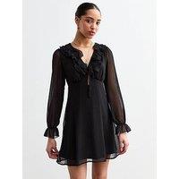 New Look Ruffle Chiffon Long Sleeve Mini Dress - Black