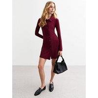 New Look Burgundy Ribbed Jersey Mini Shirt Dress - Red