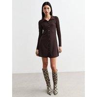 New Look Ribbed Jersey Button Up Dress - Brown