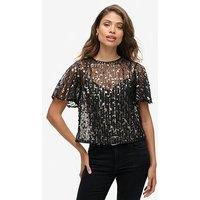 Superdry Sheer Short Sleeve Sequin Top - Black