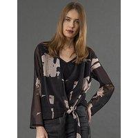 Religion Infinity Hand-Painted Print Wrap Top With Tie Front - Black