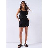 V By Very Linen Blend Top With Embroidery - Black