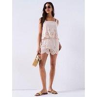 V By Very Linen Blend Top With Embroidery - Neutral