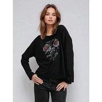 Religion Long Sleeve Flush T-Shirt With Floret Roses - Black