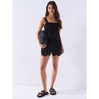 V By Very Linen Blend Shorts With Embroidery Detail - Black