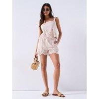 V By Very Linen Blend Shorts With Embroidery Detail - Neutral