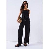 V By Very Linen Blend Trousers With Embroidery Detail - Black