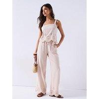 V By Very Linen Blend Trousers With Embroidery Detail - Neutral