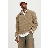 Jack & Jones Oxbury Teddy High Neck Half Zip Sweatshirt - Light Brown