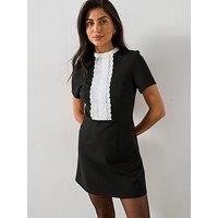V By Very Mono Ruffle Placket Mini Dress - Black