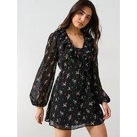 V By Very Floral Printed Dobby Mini Dress - Black