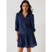 V By Very Tie Neck Broderie Mini Dress - Navy