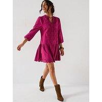 V By Very Tie Neck Broderie Mini Dress - Burgundy Red