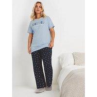 Yours Curve Sleep All Weekend Cuffed Pj Set - Blue