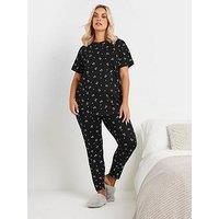 Yours Curve Heart Cherries Tapered Pj Set - Black
