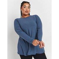 Yours Curve Long Sleeve Rib Swing T-Shirt - Blue